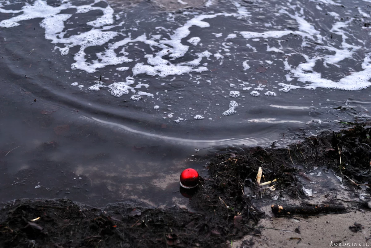 perspektive von oben auf weihnachtsbaumkugel am strand