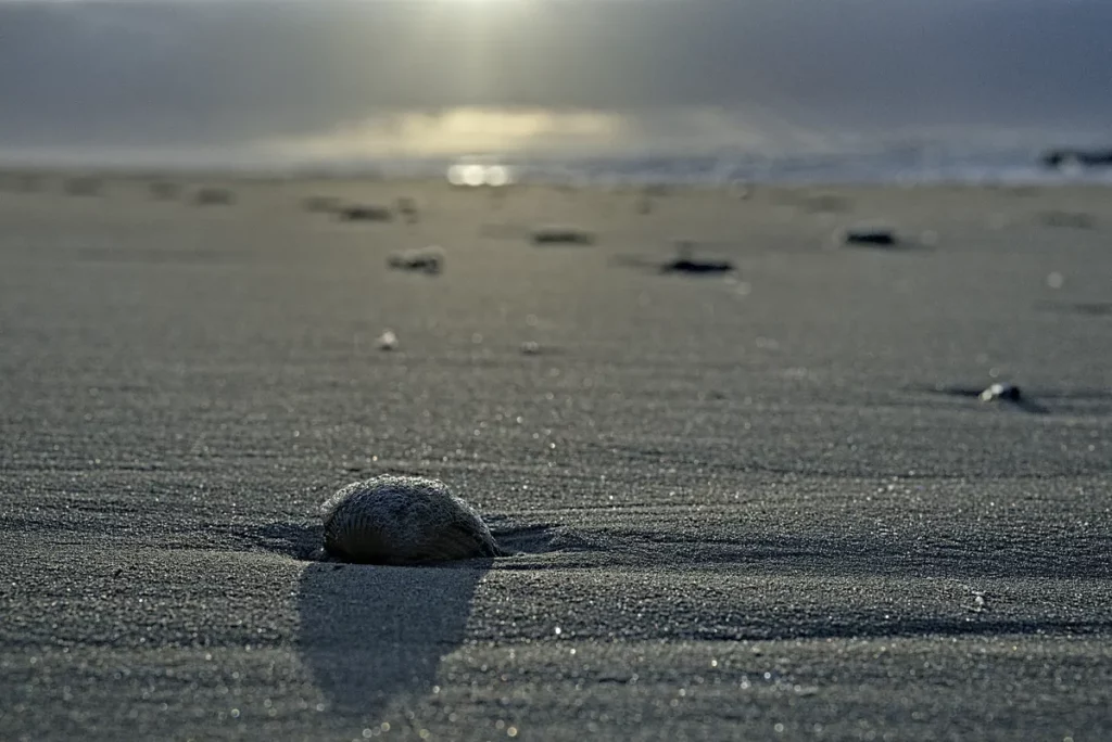 muschel in nahaufnahme am strand mit sand bedeckt kalter weißabgleich