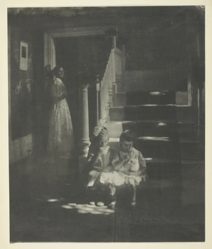 Gertrude Käsebier - Lolly Pops träumerische szene zweier kinder auf einer treppe im blick ihrer mutter