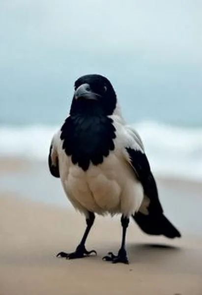 Krähe Kaia steht am Strand